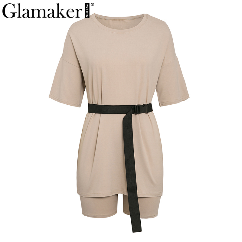 Glamaker Summer casual two piece set top and pants women sets short sleeve fashion loose outfits shorts suit 2020 female co ord T200603