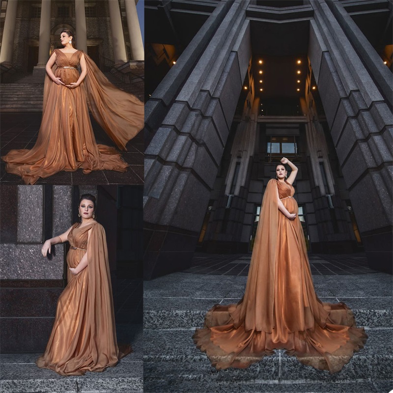 Gold Pregnant Bridal Sleepwear Sleeveless Wedding Robe Nightgown Chic Silk Satin Chiffon Sweep Train Fast Shipping