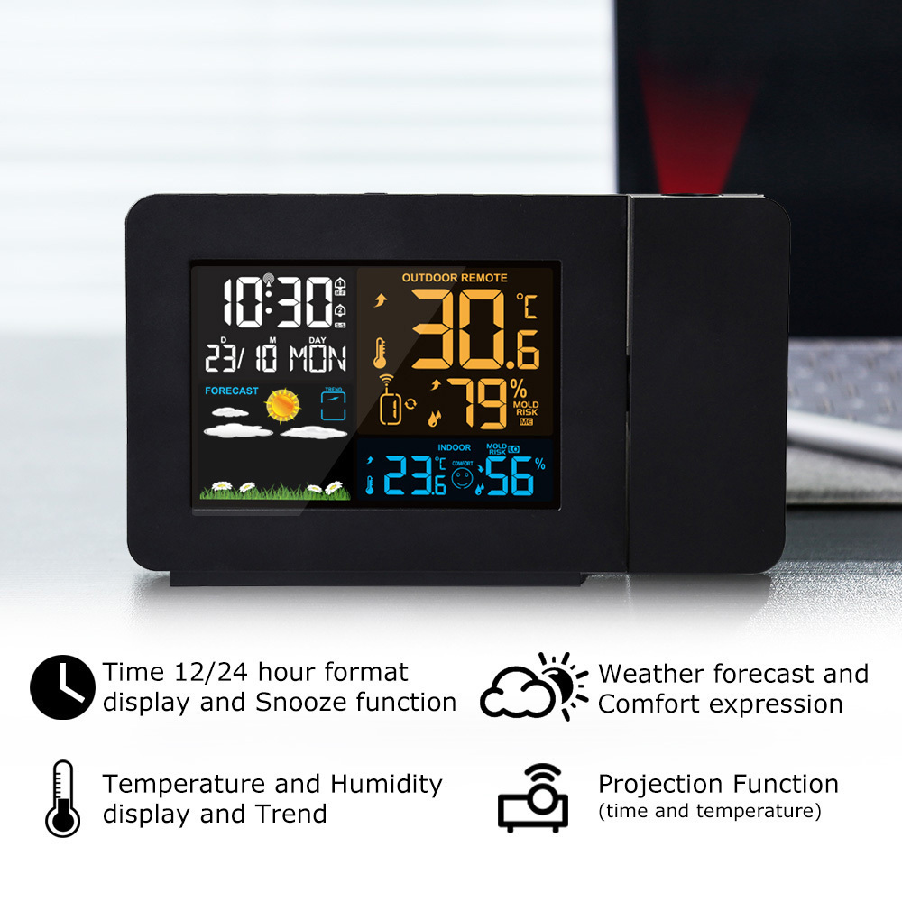 

FanJu Digital Alarm Station LED Temperature Humidity Weather Forecast Snooze Table Clock With Time Projection Y200407