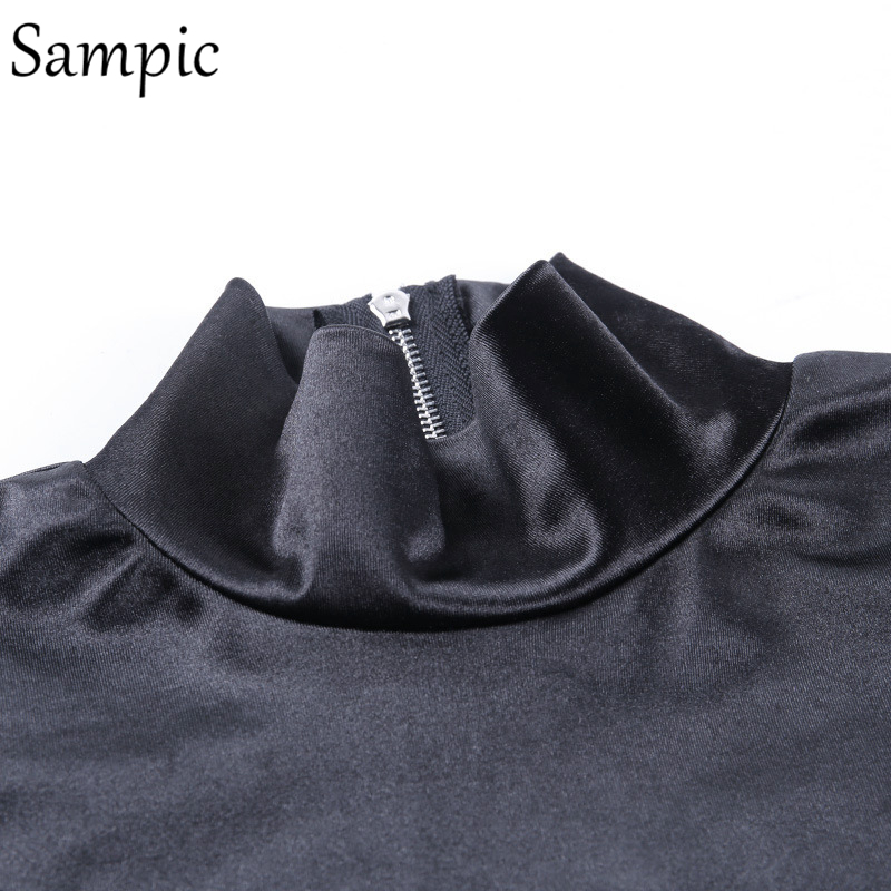 Sampic Women Sexy Casual Stain Turtleneck Long Puff Sleeve Bodysuit Tops Black Ribbed Female Fashion Party Short Romper Bodysuit T200323