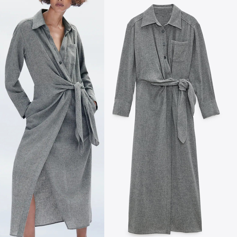 2021 New Autumn Grey Knotted Midi Women Fashion Sleeve Collared Wrap Long Dress Side Knot Tie Button Up Casual Dresses Czb4, Gray
2021 New Autumn Grey Knotted Midi Women Fashion Sleeve Collared Wrap Long Dress Side Knot Tie Button Up Casual Dresses Czb4, Gray