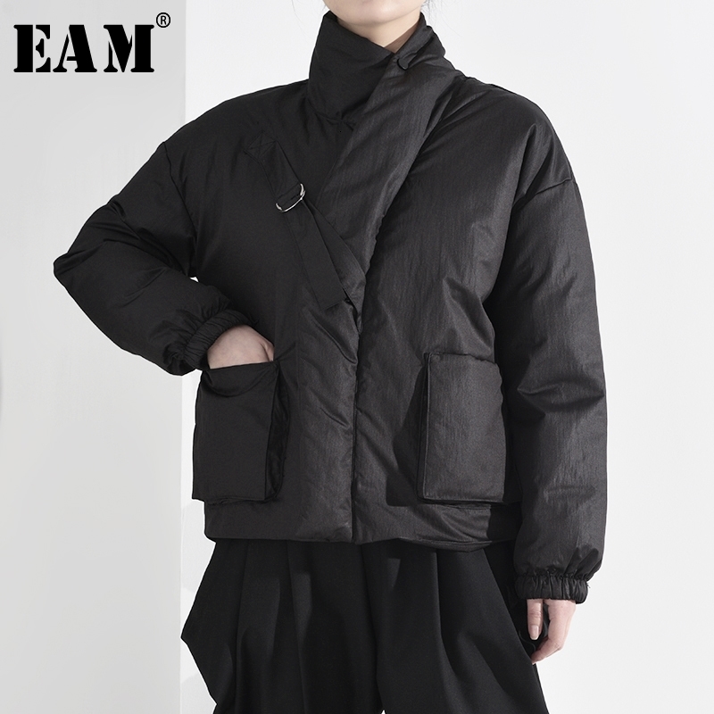 EAM Black Pocket Big Size Short Cottonpadded Coat Long Sleeve Loose Fit Women Parkas Fashion Spring Autumn A819 201017