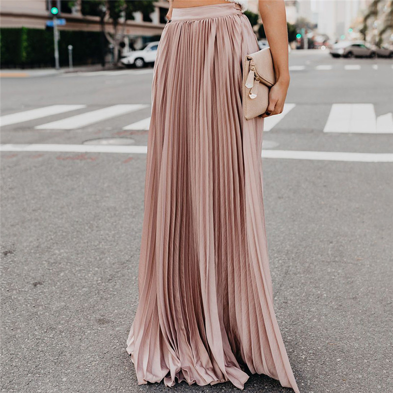 Fashion Pleated Long Skirt 2019 Lady Casual Loose Soild High Waist Long Skirt Ladies All-match Ankle-Length Skirts Multi Colors T200301