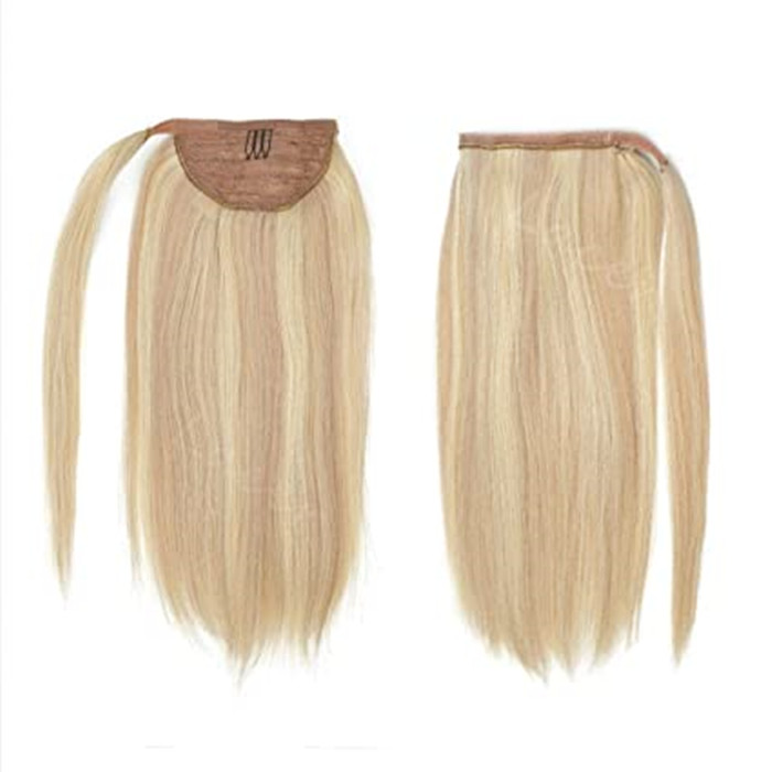 Well Balayage ombre Ponytail Extension p18/613 Clip in Ponytail Human Hair Wrap Around Ponytail Long Straight Highlight Ash Blonde Pony tail