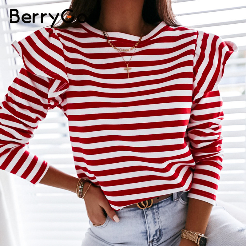BerryGo Causal Long Sleeve Red White Striped Tops For Female Autumn Winter Ruffled Base Shirt Streetwear O-neck Women Tops 201028