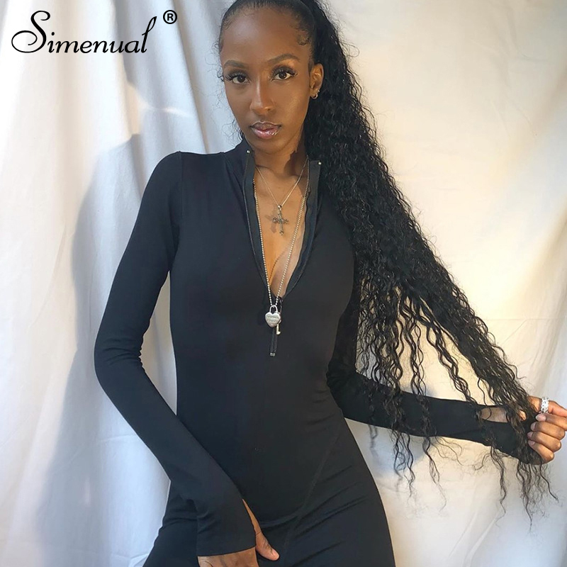Simenual Sporty Casual Fitness Zipper Rompers Womens Jumpsuit Long Sleeve Bodycon Workout Jumpsuits Fall Fashion 201007