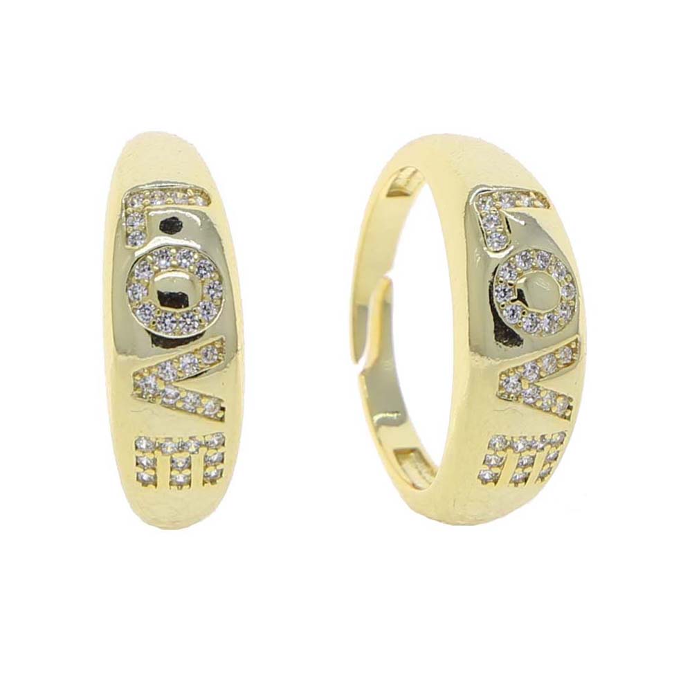 Wide Band Gold Color Wedding Ring with Cz Paved Letter Love Engraved Wholesale Women Open Band Finger Ring Adjustable Size