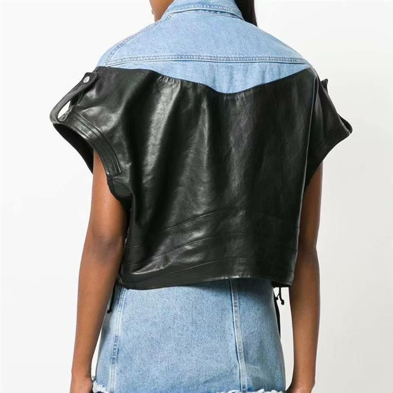 Denim stitching autumn temperament wild lapel leather sleeveless slimming zipper female jacket top 201029