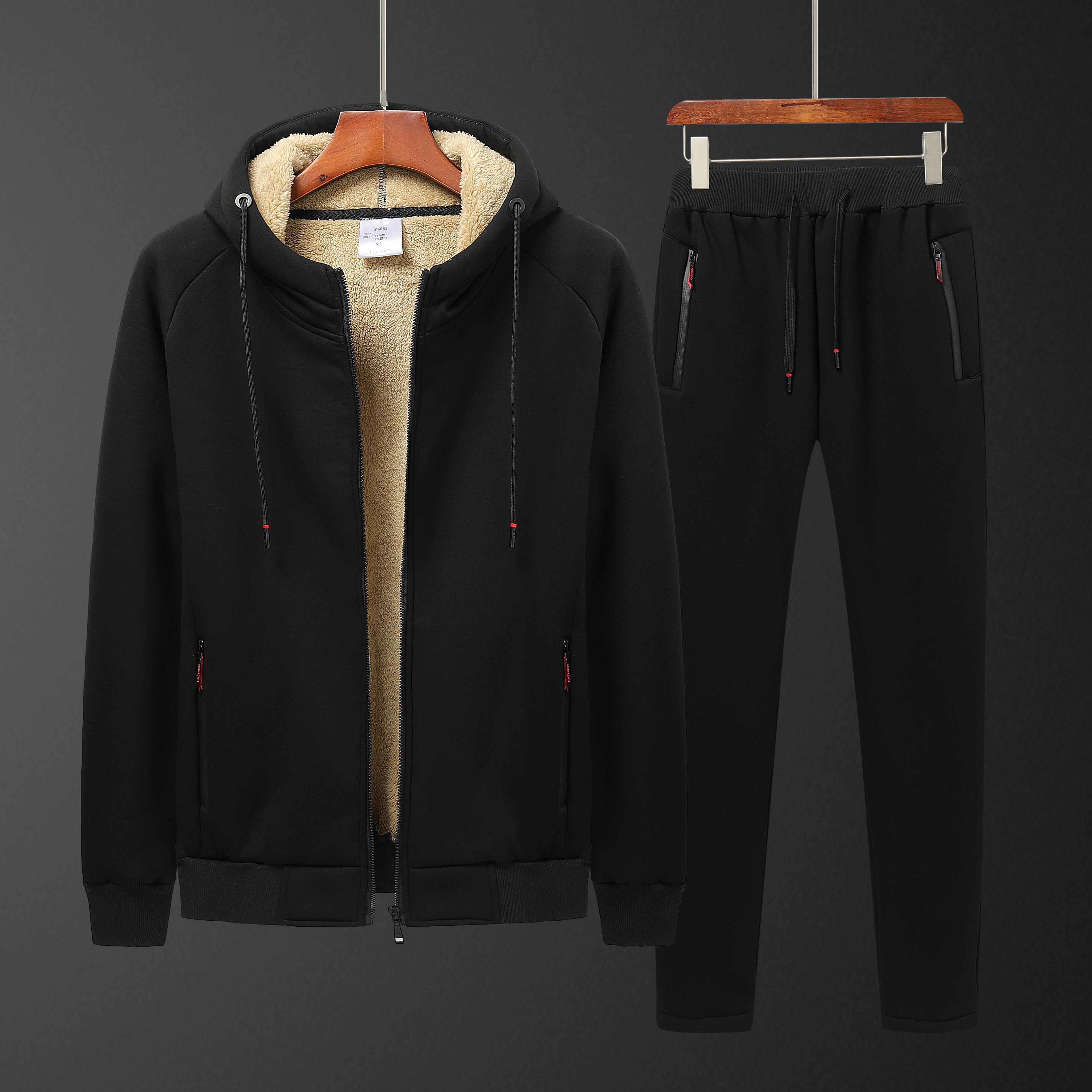Lamb Men Set Warm Thick Hooded Jacket+Pants 2PC Sets Men cashmere Hoodies Zipper Tracksuit Man Sports Suit Plus size 6XL 201124