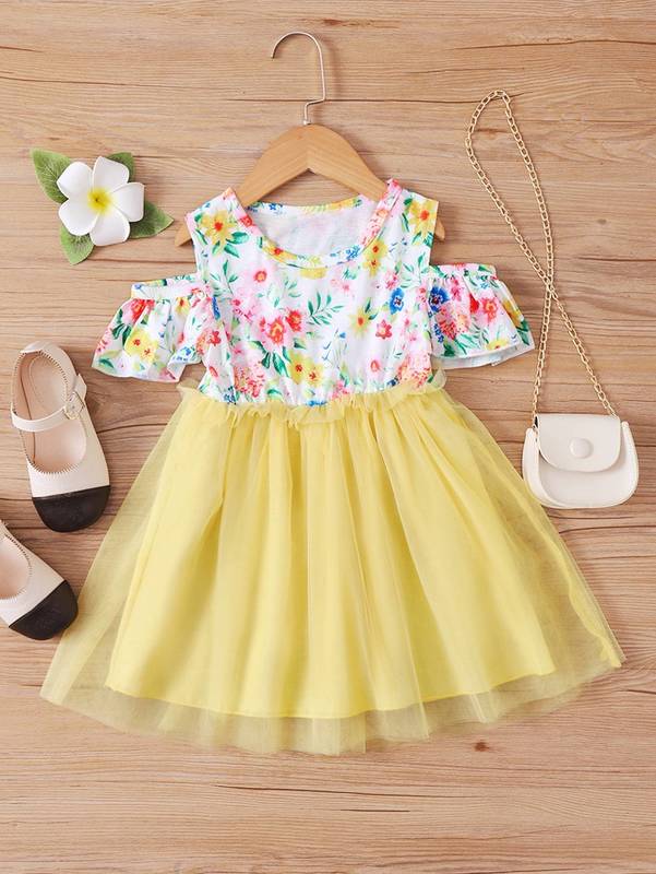 Toddler Girls Floral Print Cold Shoulder Mesh Panel Dress SHE