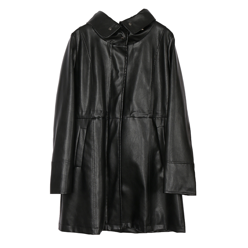 Lautaro Black leather jacket women Plus size hooded windbreaker women long sleeve zipper drawstring Faux leather jackets women 201030