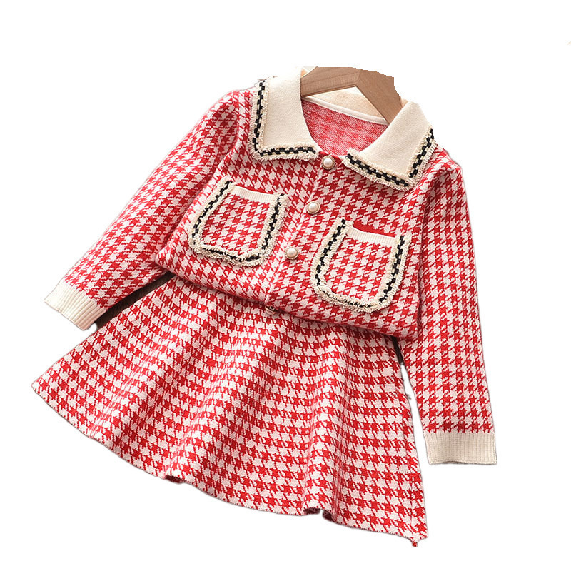 Girl's Long Sleeve Turn-Down Collar Brife Style with Pockets Sweaters+Skirts 2PCS Clothing Sets Casual Fashion Dressing SetsX1019