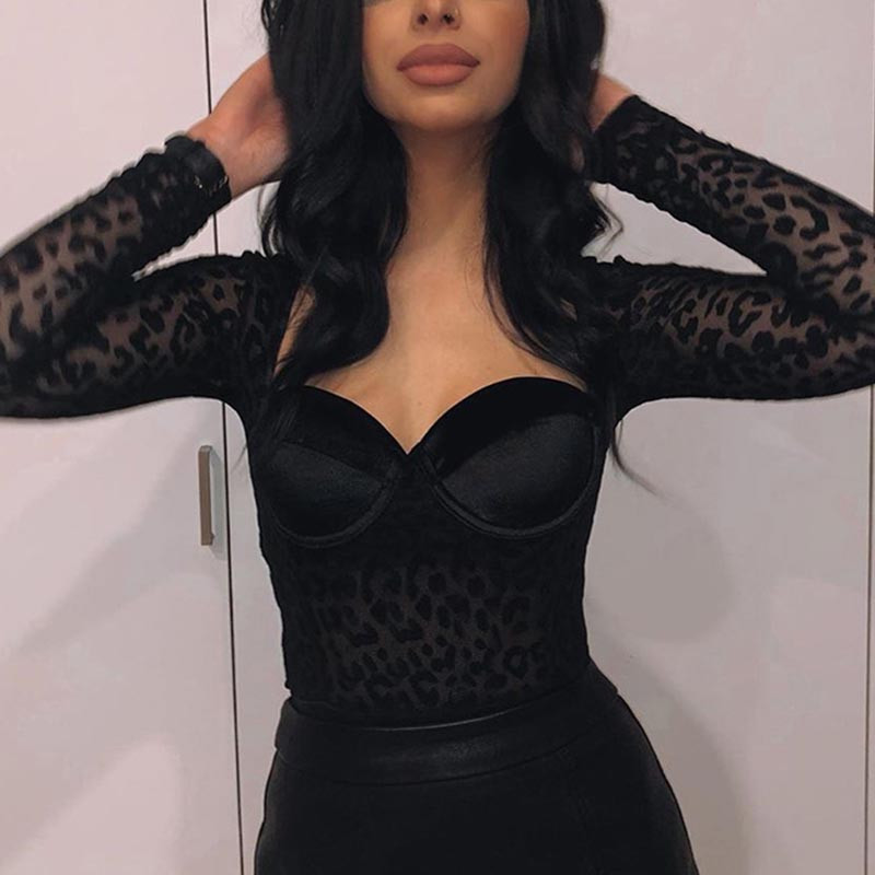 Nadafair Mesh Leopard Mesh Bodysuit Black Sexy Bodysuit For Women Square Collar Long Sleeve Bodysuits Body Female T200323