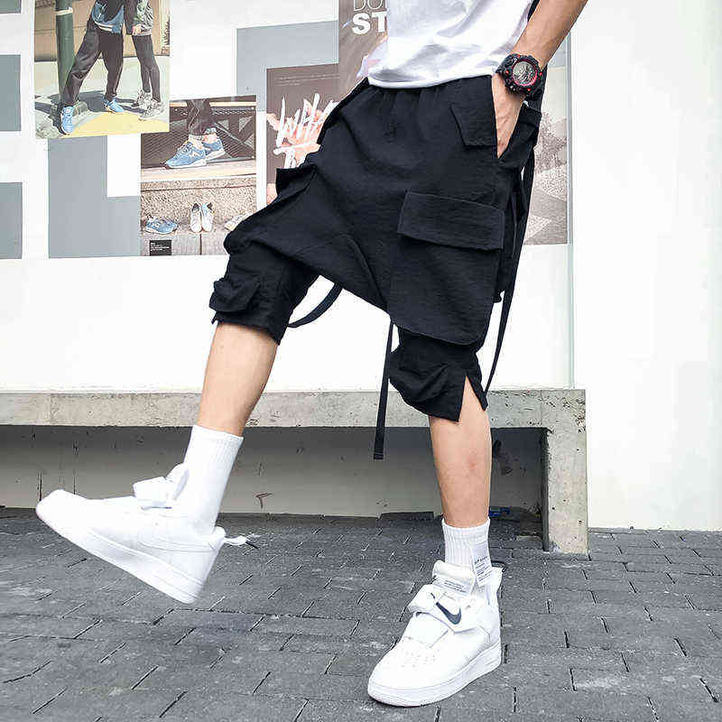 Multi Pockets Ribbons Cargo Shorts Mens Harajuku Hip Hop Drop Crotch Short Pants Korean Style Casual Shorts W220214