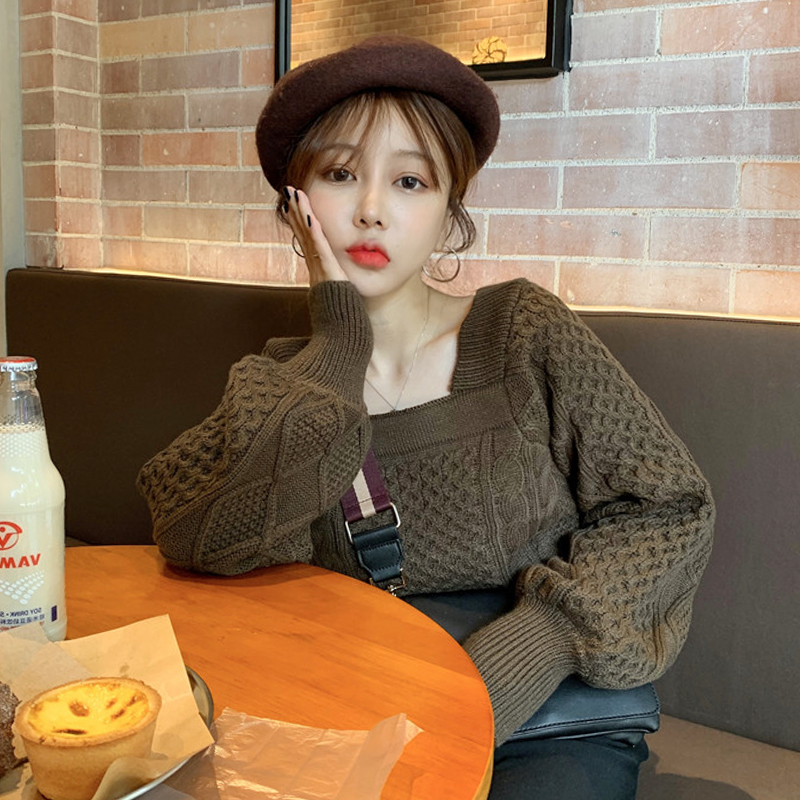 Woherb Vintage Twist Knitted Sweater Women New Square Collar Pullovers Korean Chic Puff Sleeve Tops Jumper Sweet Pull Femme 201030wtt