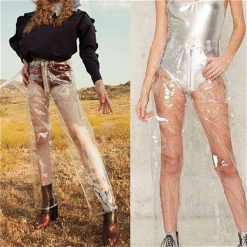 Fashion Pvc Plastic Waterproof Trousers Transparent Solid High Waist Wide Leg Pants Loose Pants LJ201130