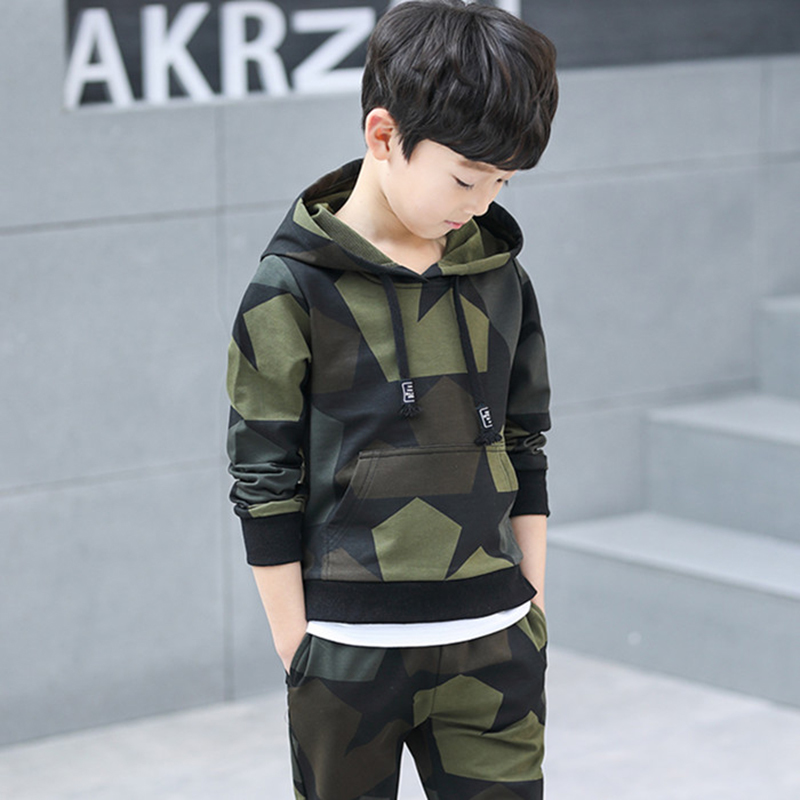 Camouflage Tracksuit for Boys Kids Hoodies Tops Pants 2024 Children Clothing Outfits 4-14 Years Green Polyester dh910320090