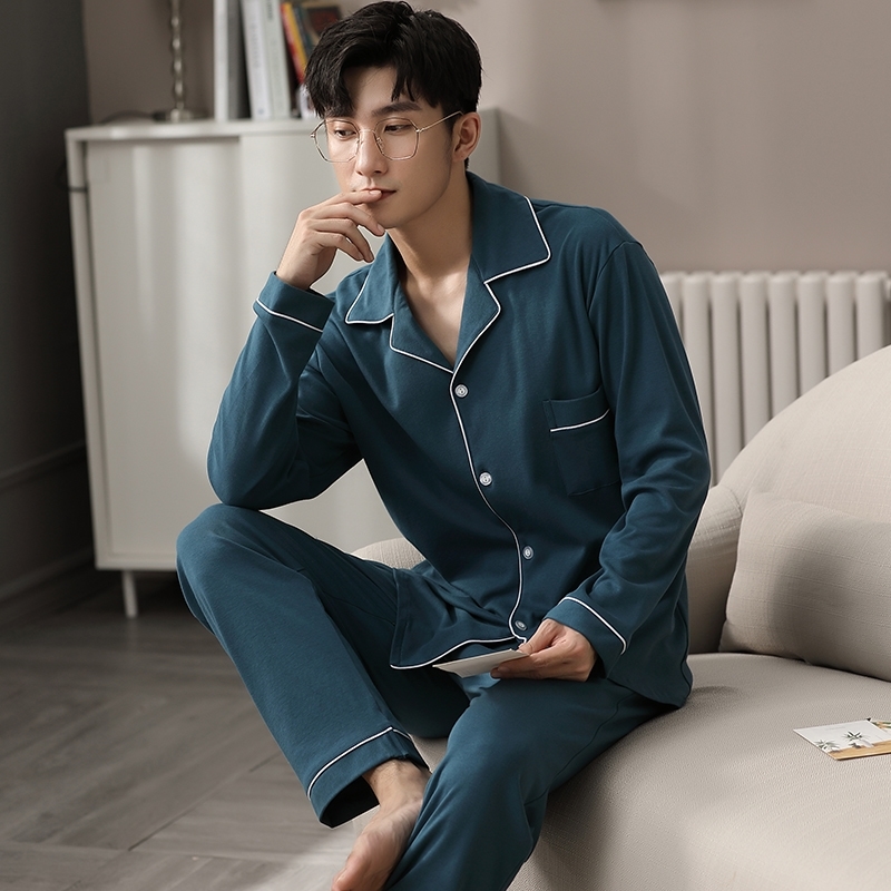 Winter 100% Cotton Pajamas Men Nightwear Blue Full Sleeves Sleepwear PJ Solid Pijama Hombre Homewear Cotton Pyjama Homme Hiver 201109
