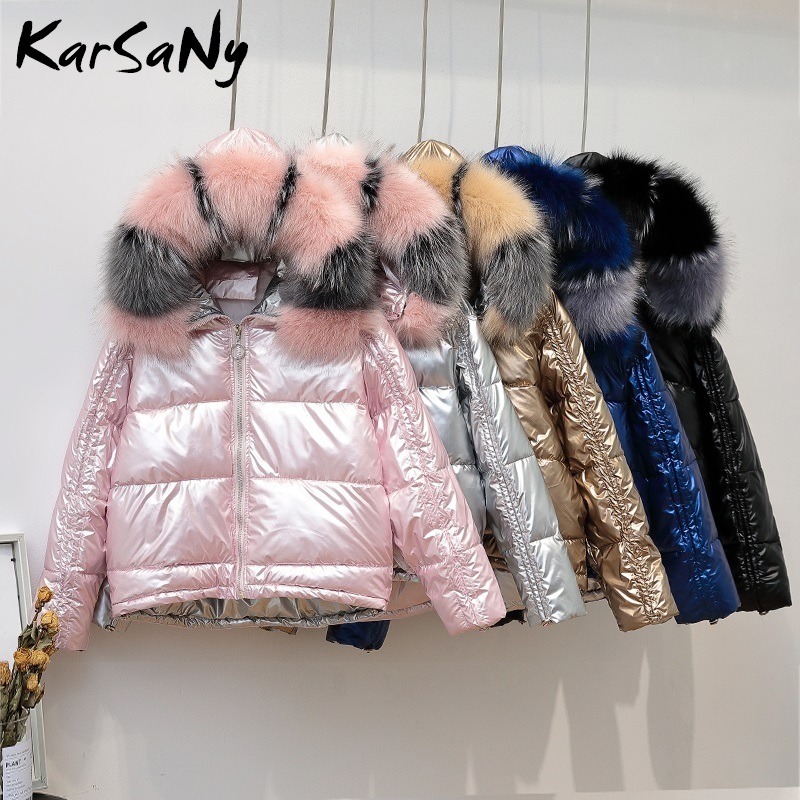 KarSaNy Fashion Winter Jackets Women Parka With Fur Woman Oversize Coat and Jacket Shiny Thicken Warm Coat With Fur Hood 201019