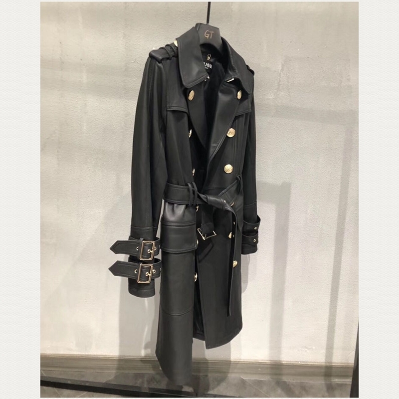 European Style Women Coats Natural 100% Sheepskin Genuine Leather Long Real Sheepskin Windcoat Female Double Breasted Coat 201030