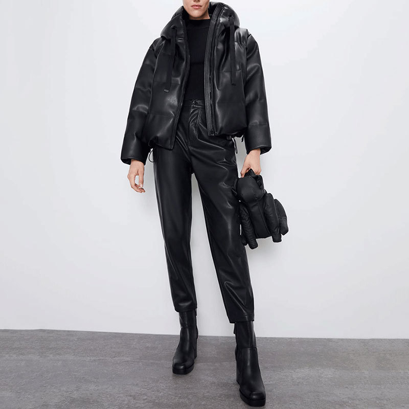 AORRYVLA Women's Winter Jacket Black Hooded PU Leather Coats Short Length Zipper Famale Casual Cotton Parkas 201020