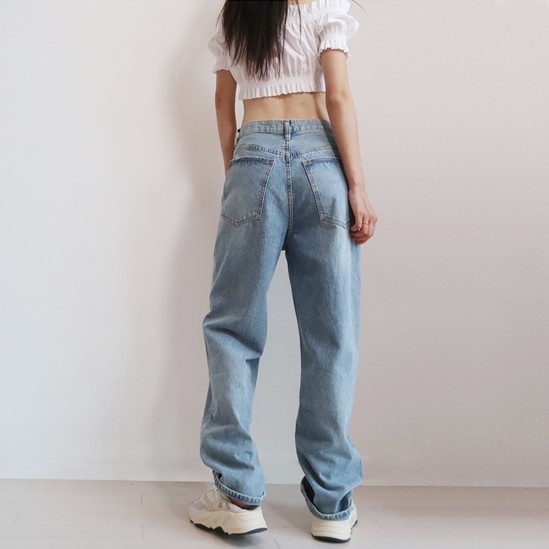 Women Asymmetric Fly Jeans With Button Closure Split Waist Straight Leg Jeans 201109