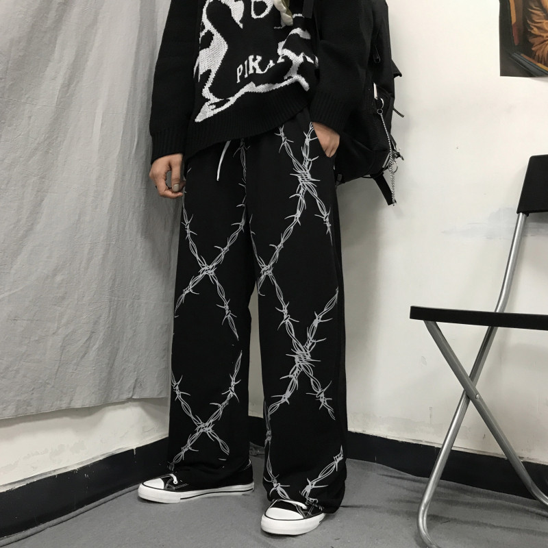 Harajuku Retro Pants Women Thorns Printed Elastic Waist Loose Wide Leg Pants Fashion Streetwear Grunge Dark Casual Pants Unisex 201109