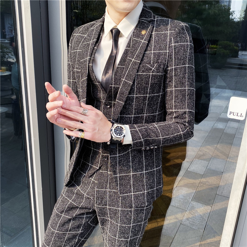 suit men Plaid Blazers+Pant men's Business suit Office Uniform Party suit Korean Slim Fit Single Button men's Tuxedo Asian size 201105