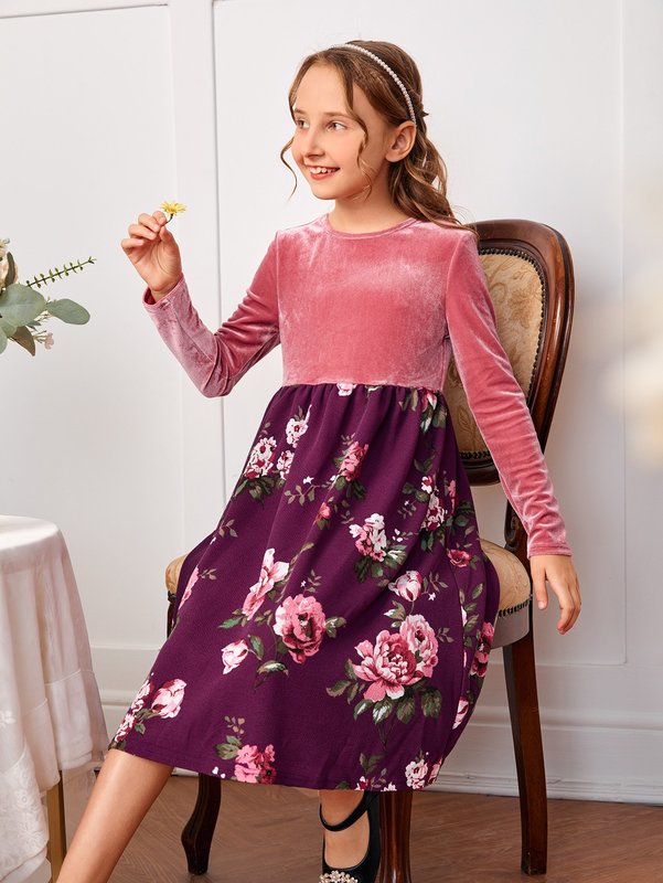 Girls Floral Print Splicing Velvet Dress SHE