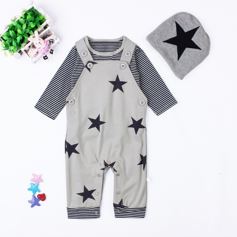 Baby Boys Baby Girls clothing set Newborn baby black grey striated T-shirt+ bib pants + hat stars pattern costumes suits Y1105