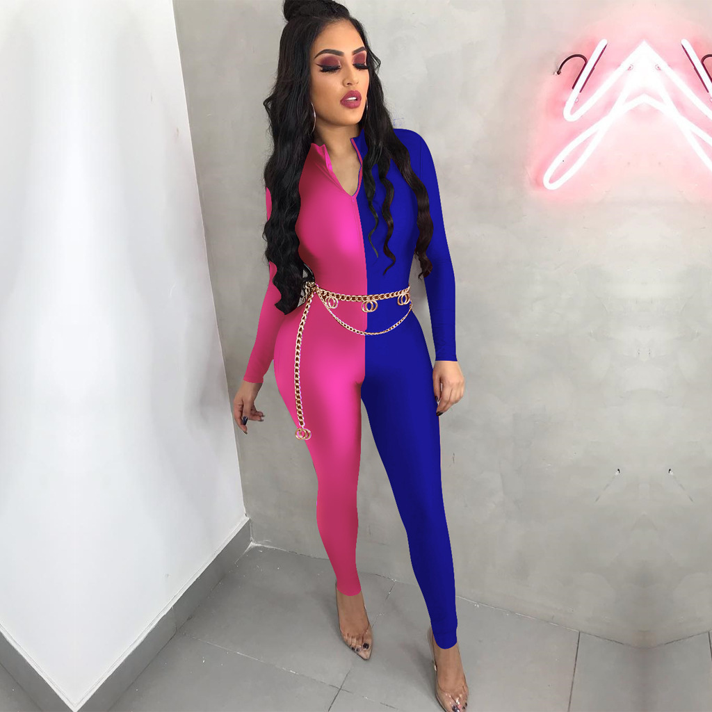 ANJAMANOR Front Zipper Long Sleeve Bodycon Jumpsuit Women Neon Color Black Sexy One Piece Clubwear Outfits Fall Winter D41-AD63 201007