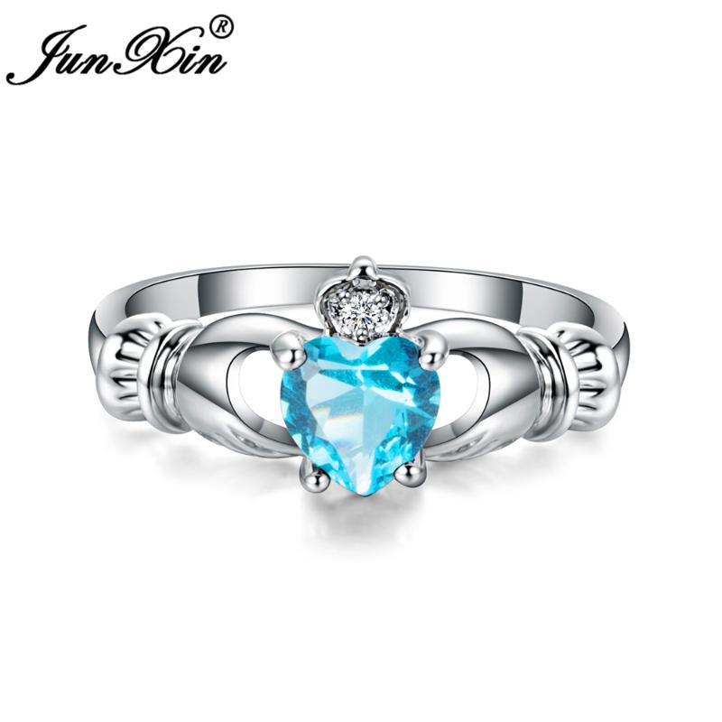 Wedding Rings JUNXIN Luxury Female Heart Ring Claddagh White Gold Filled Jewelry Fashion For Women Birth Stone Gifts1