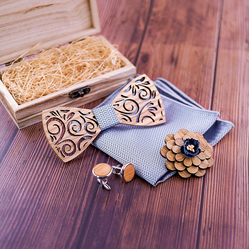 New White Wedding Bowtie Noeud Papillon Wooden Bow tie Pajaritas Cravat Bowties Female Male Brooch Cufflinks Tie set 201027