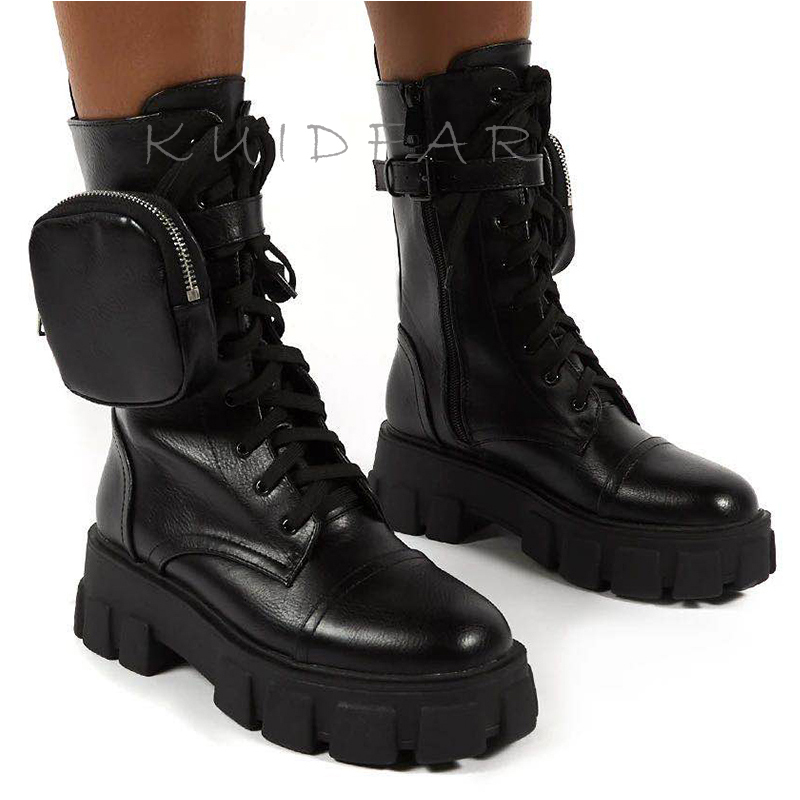 Fashion Chunky With Pocket Platform Women Lace Up Ankle Boots Female Punk Sole Pouch Heels Botas Mujer 201128