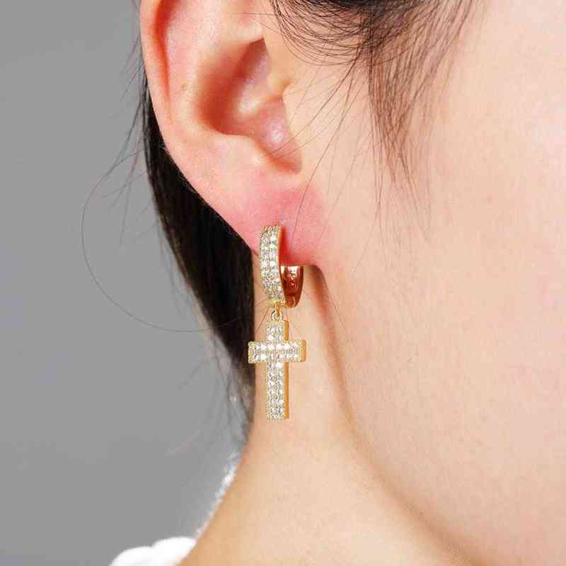 TOPGRILLZ Cubic Zirconia Bling Iced Cross Earring Gold Silver Color Copper Material Earrings for Men Women Hip Hop Rock Jewelry 220125
