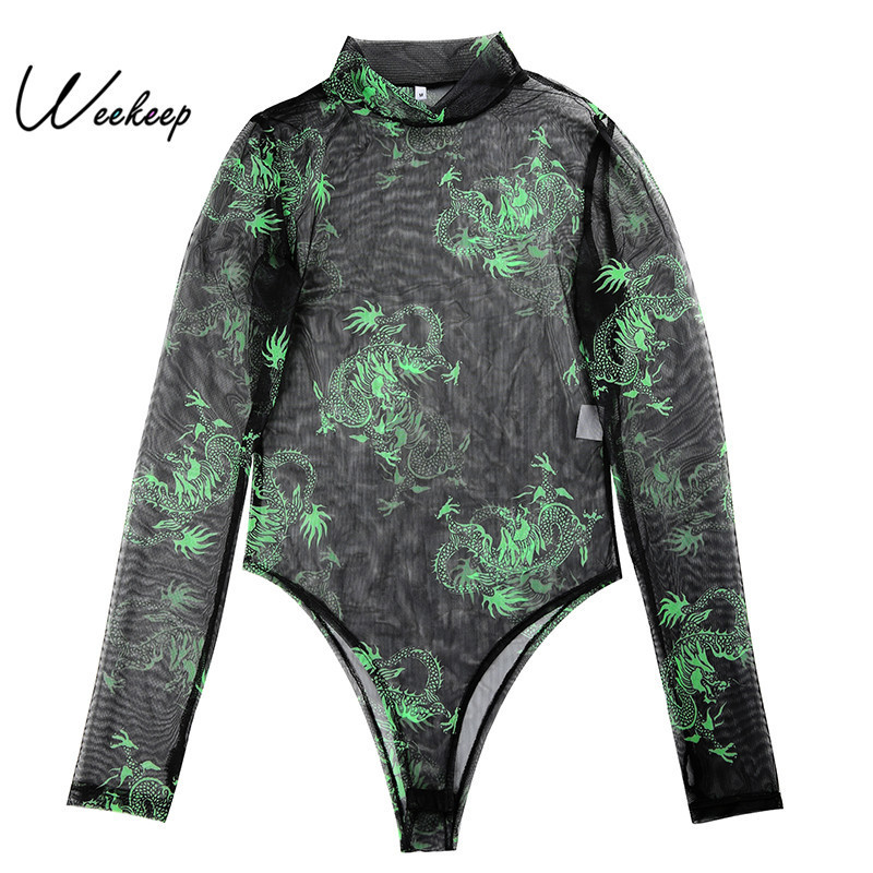 Weekeep Sexy Mesh Perspective Long Sleeve Bodysuit Women Summer Bodycon Dragon Print Streetwear Bodysuits Women 2019 Rompers T200116