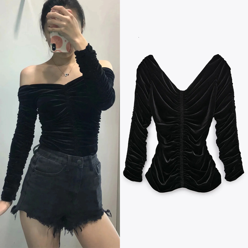 2021 New Women Black Velvet Off Shoulder Crop Top Woman Vintage Long Sleeve Elastic Ruched Elegant Blouse Slim Ladies Tops Uqon
2021 New Women Black Velvet Off Shoulder Crop Top Woman Vintage Long Sleeve Elastic Ruched Elegant Blouse Slim Ladies Tops Uqon