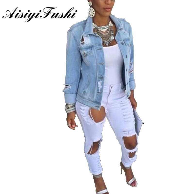 Blue Ripped Jean Jacket Coat Women Autumn Winter Torn Oversized Jeans Womens Denim Boyfriend Style 5XL 201017