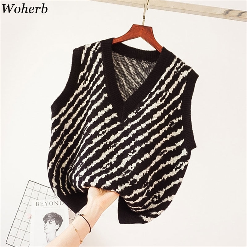 Woherb Zebra Pattern Vintage Knit Sweater Vest Women Fashion Sleeveless V-Neck Casual Tank Tops Autumn New Pullovers 94099 201223