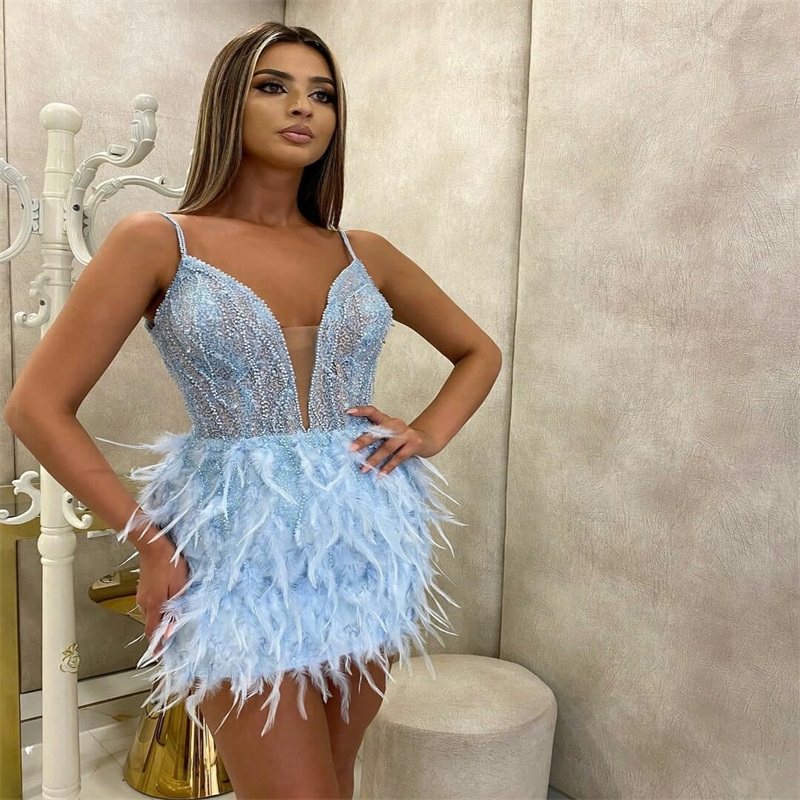 Glitter Red Short Prom Dresses Sexy Spaghetti Strap Beads Sequins Feather Luxury Newest Custom Made Evening Dresses Party Dress Real Image