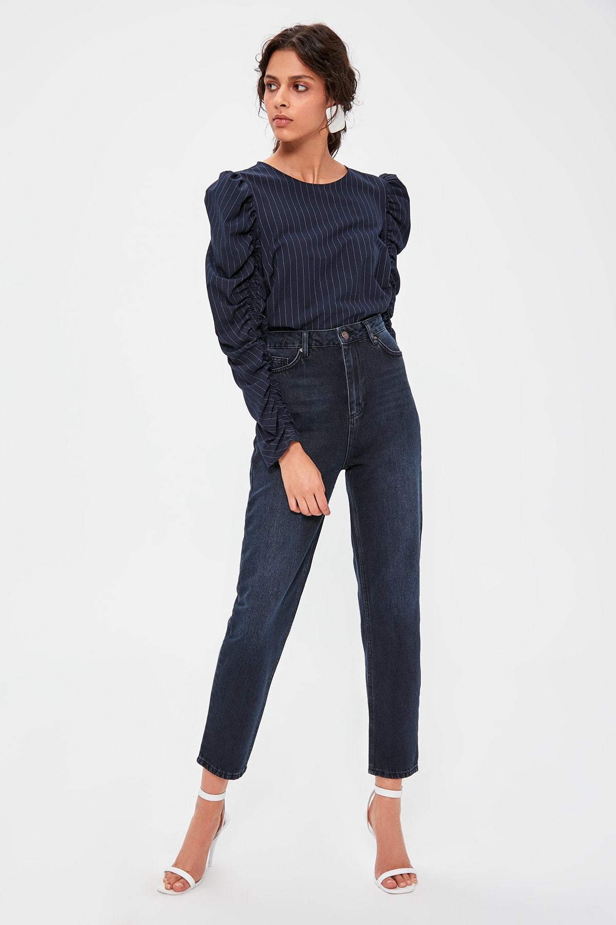 Trendyol Blue High Waist Mom 80s Jeans Casual Straight-led Denim for Ladies T200103