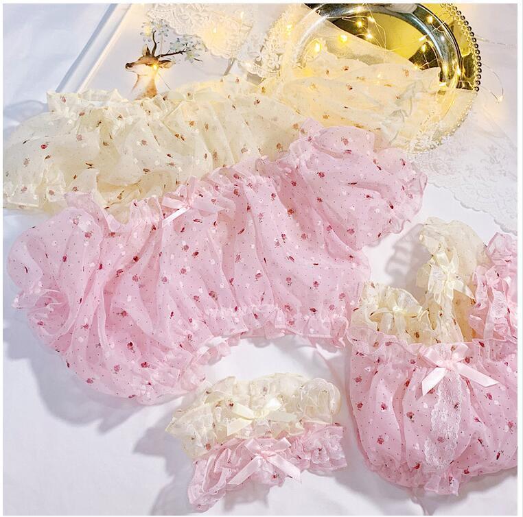 Pink Stitch Pajamas for Women Sexy Lingerie Sleepwear Pj Set Nightwear Shorts Chiffon Floral Sleep Wear Cute Lolita Home Clothes LJ200921