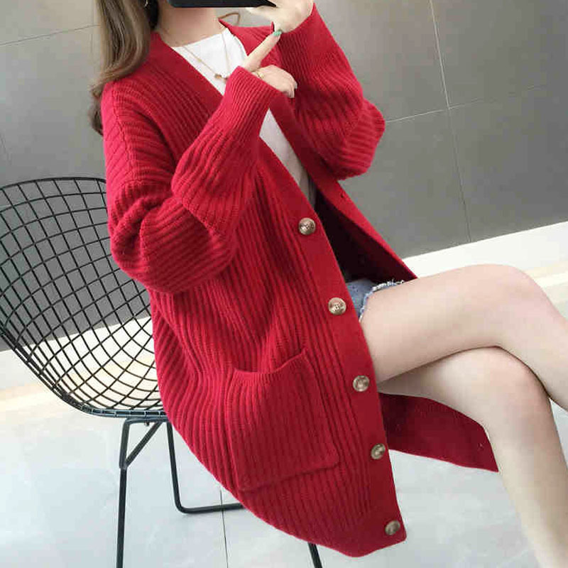 Autumn/winter Fashion Cardigans Sleeve Button sweater Casual Solid Long women Cardigan 5784 201017
