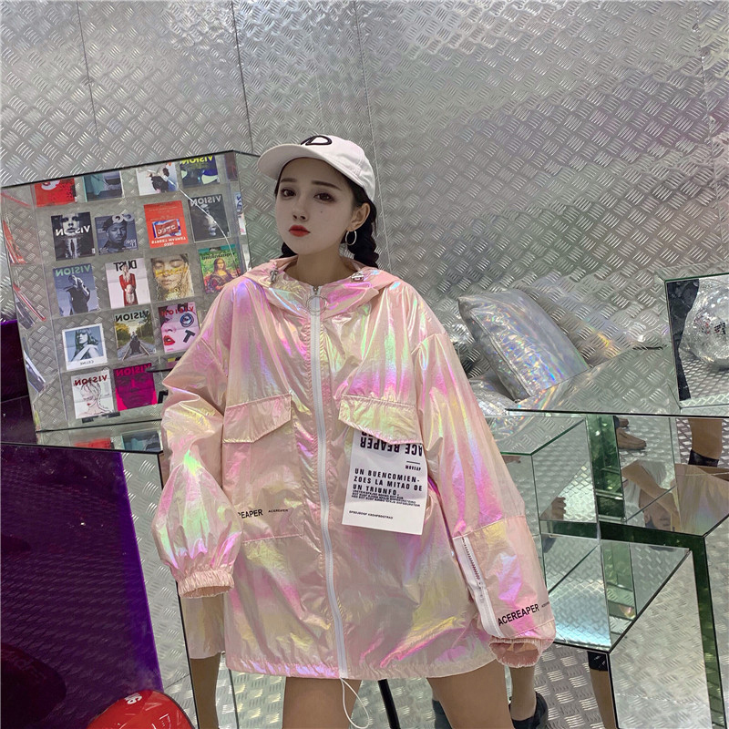 Loose Shiny Jacket Women Casual Neon Jacket Hooded Windbreaker Silver Jacket Summer Thin Jackets Plus Size Long Sleeve Outerwear T200111