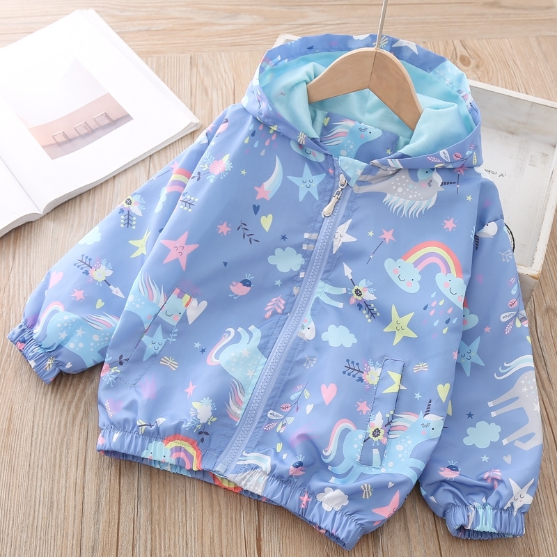 Kids Girls Long Sleeve Windbreaker Unicorn Jacket Cartoon Hooded Blue Color Jackets Fahion Outerwear for 2-7years Old LJ200828