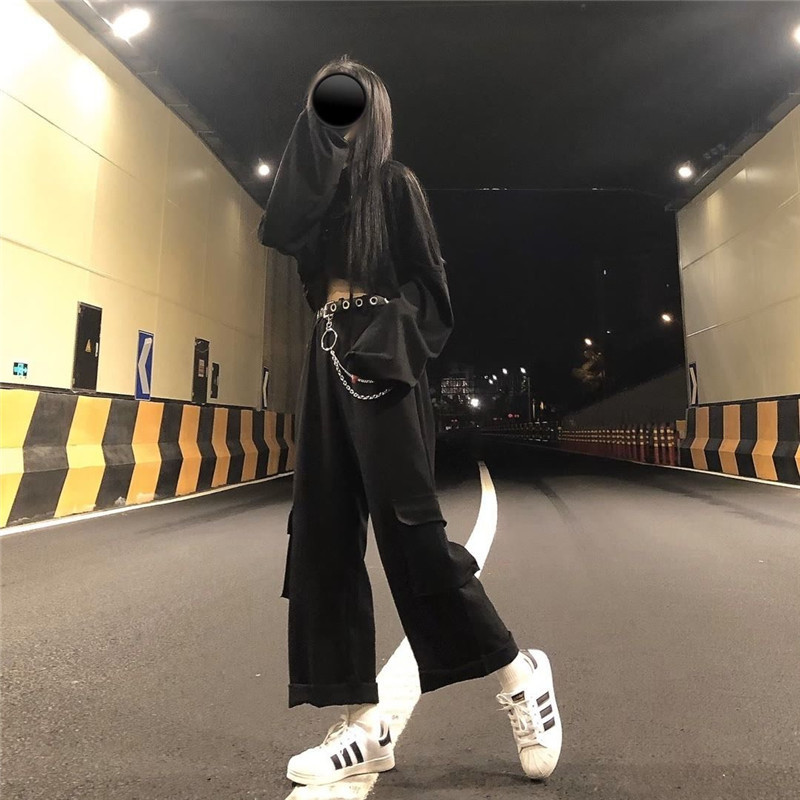 With Chain Baggy Cargo Solid Black Pants Gothic Harajuku Streetwear Hip Hop Women Pants Female Wide Leg Pants Pocket Korean 201106