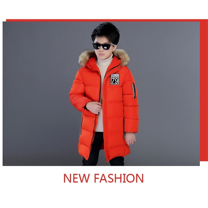 4-14y teens for boys Overcoat thick warm fur collar long boy's clothes kids hooded jacket cotton coat LJ201125