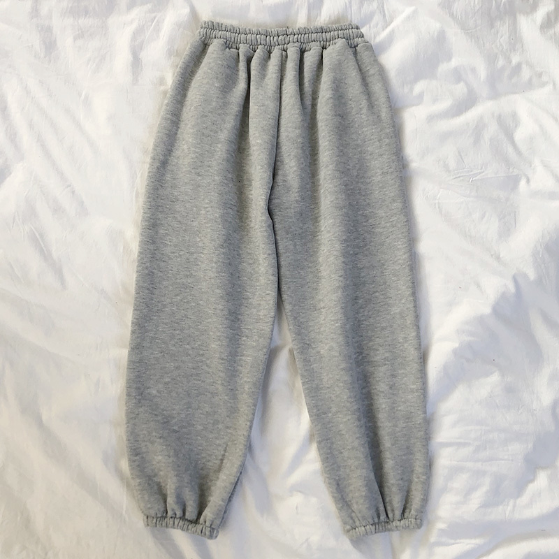 Winter Warm Cozy Fleece Harem Pants Women Elastic Waist Minimalist Embroidery Sports Pants Casual Drawstring Velvet Trousers 201031