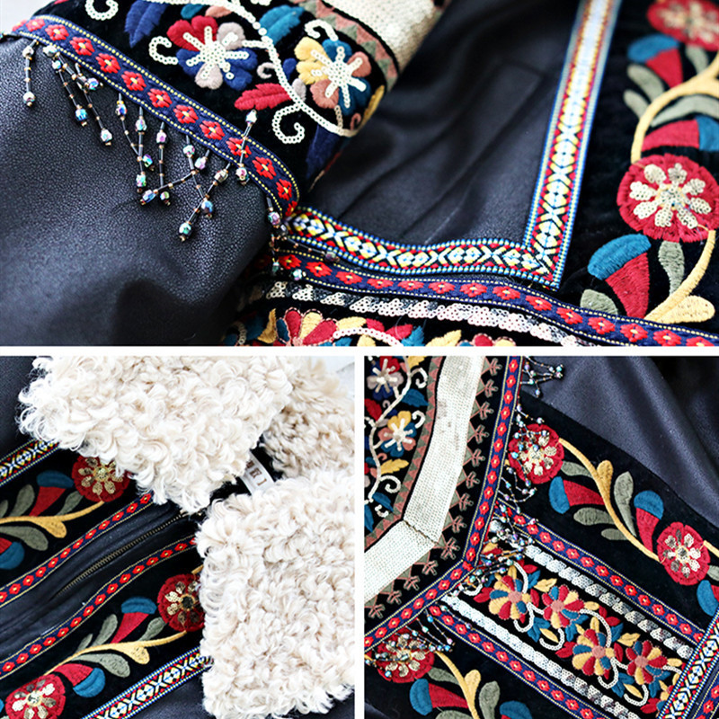 AIGYPTOS Winter Women Exotic Vintage Loose Embroidery Tassel PU Leather lambswool Patchwork Warm Black Locomotive Jacket 201029