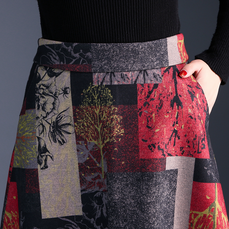 Plus Size High Waist Mid Thicken Woolen Skirt Women Autumn Winter ALine Wool Skirt Female Red Print Pocket Lady Skirt T200324